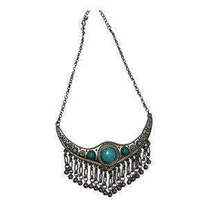 Silver Tone Metal Fringe turquoise Stone Collar Necklace $9